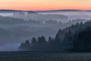 Talblick mit Nebel bei Tagesanbruch